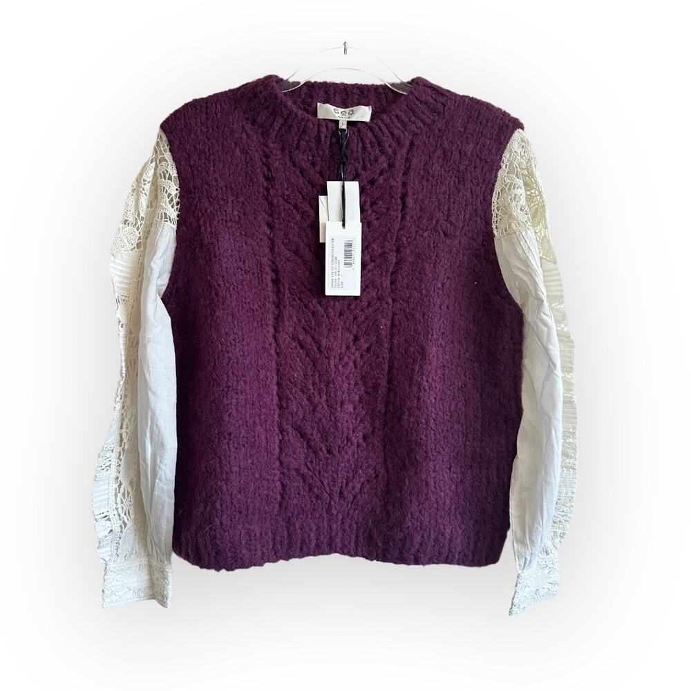 NWT Sea Mixed-Media Crewneck Sweater Alpaca Merino Wool Blend Burgundy Sz L